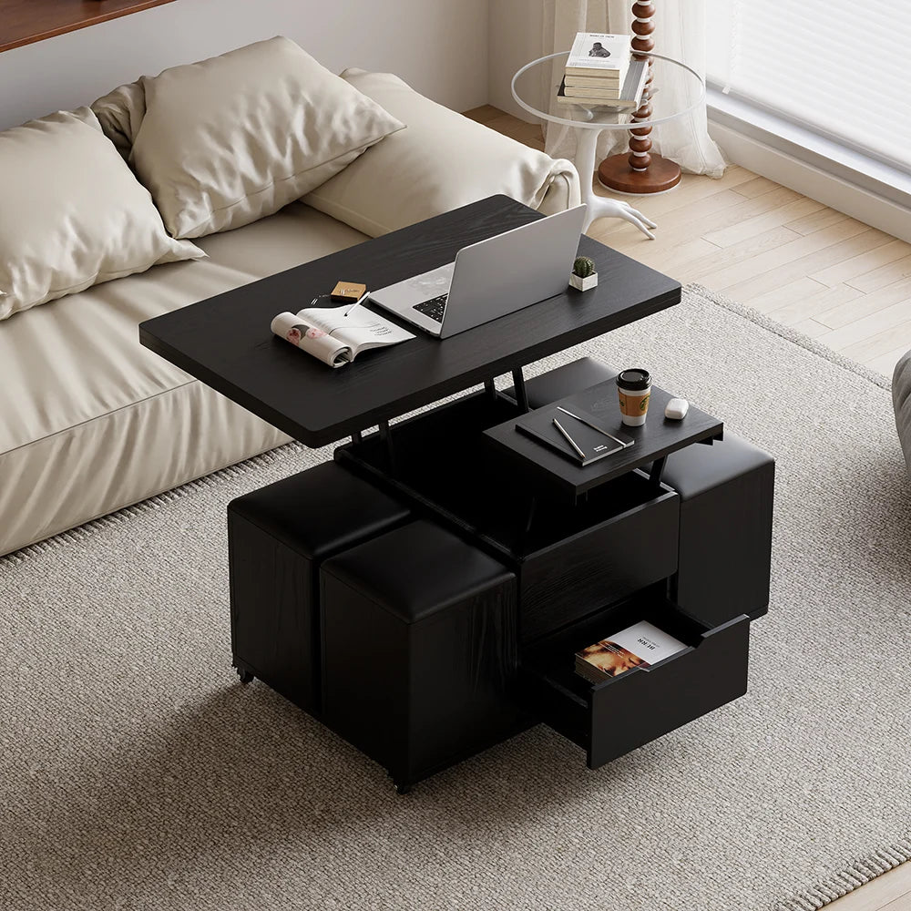 Natural Lift-Top Coffee Table with 4 Stools & Storage