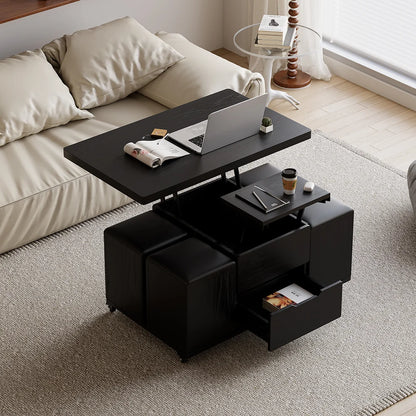 Natural Lift-Top Coffee Table with 4 Stools & Storage