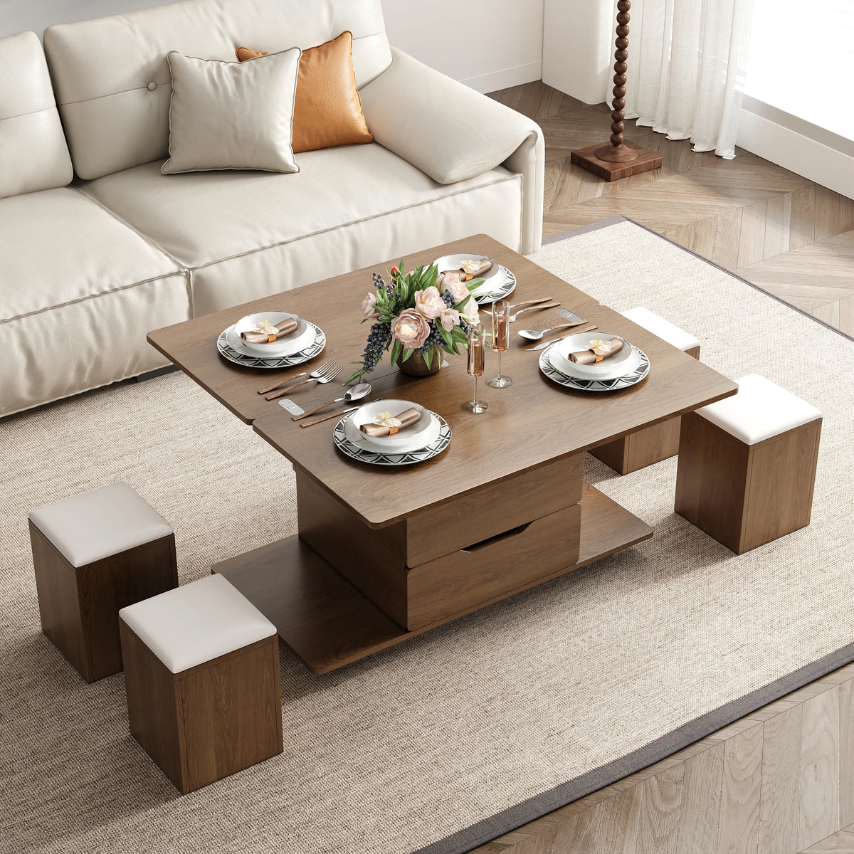 Natural Lift-Top Coffee Table with 4 Stools & Storage