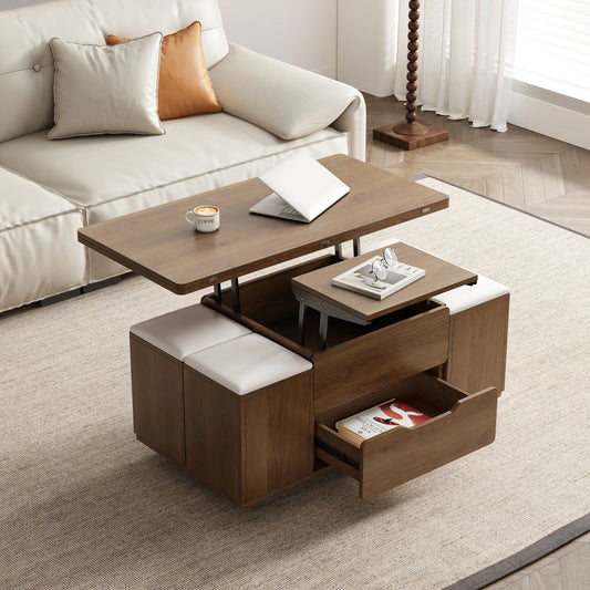 Natural Lift-Top Coffee Table with 4 Stools & Storage