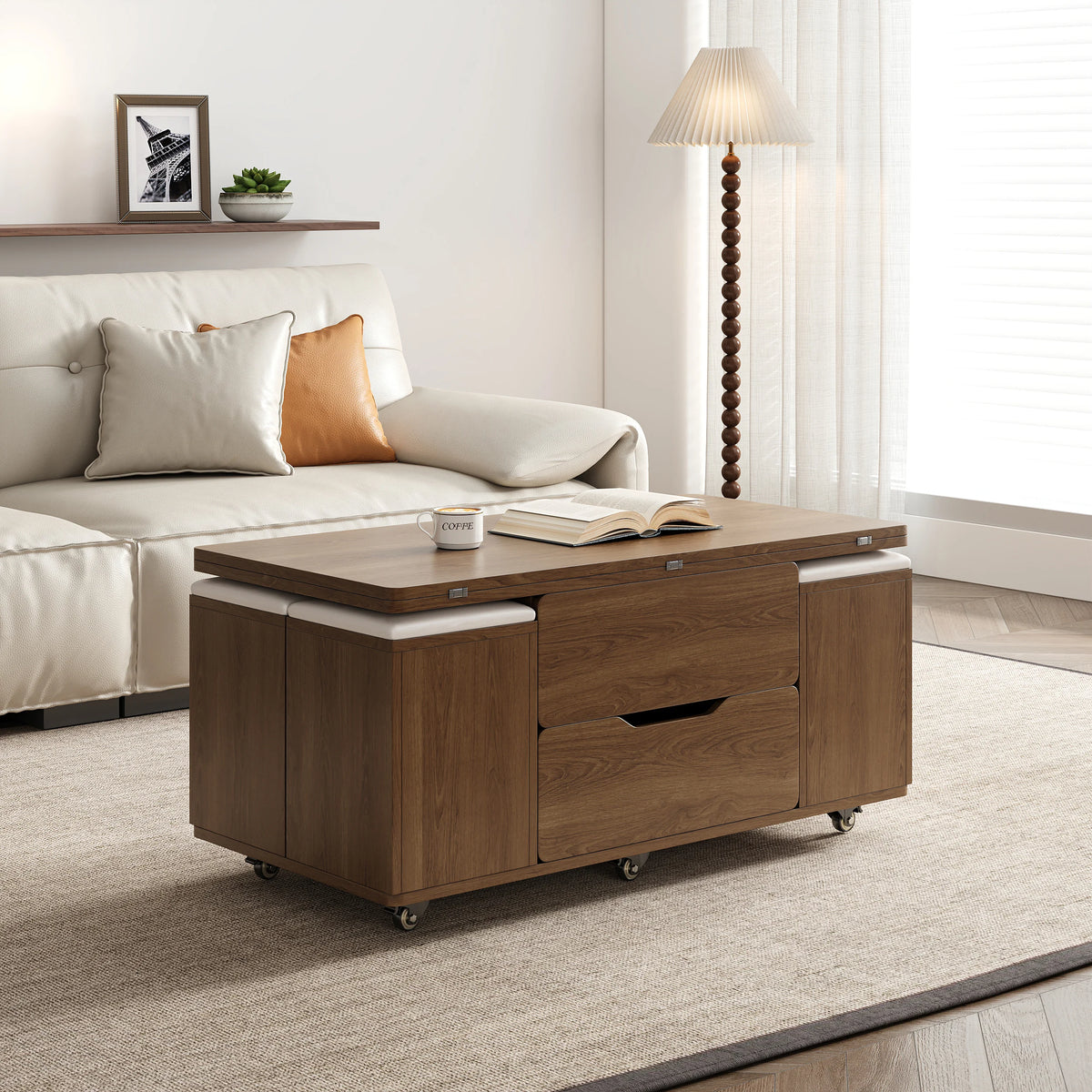 Natural Lift-Top Coffee Table with 4 Stools & Storage