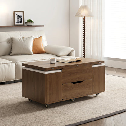 Natural Lift-Top Coffee Table with 4 Stools & Storage