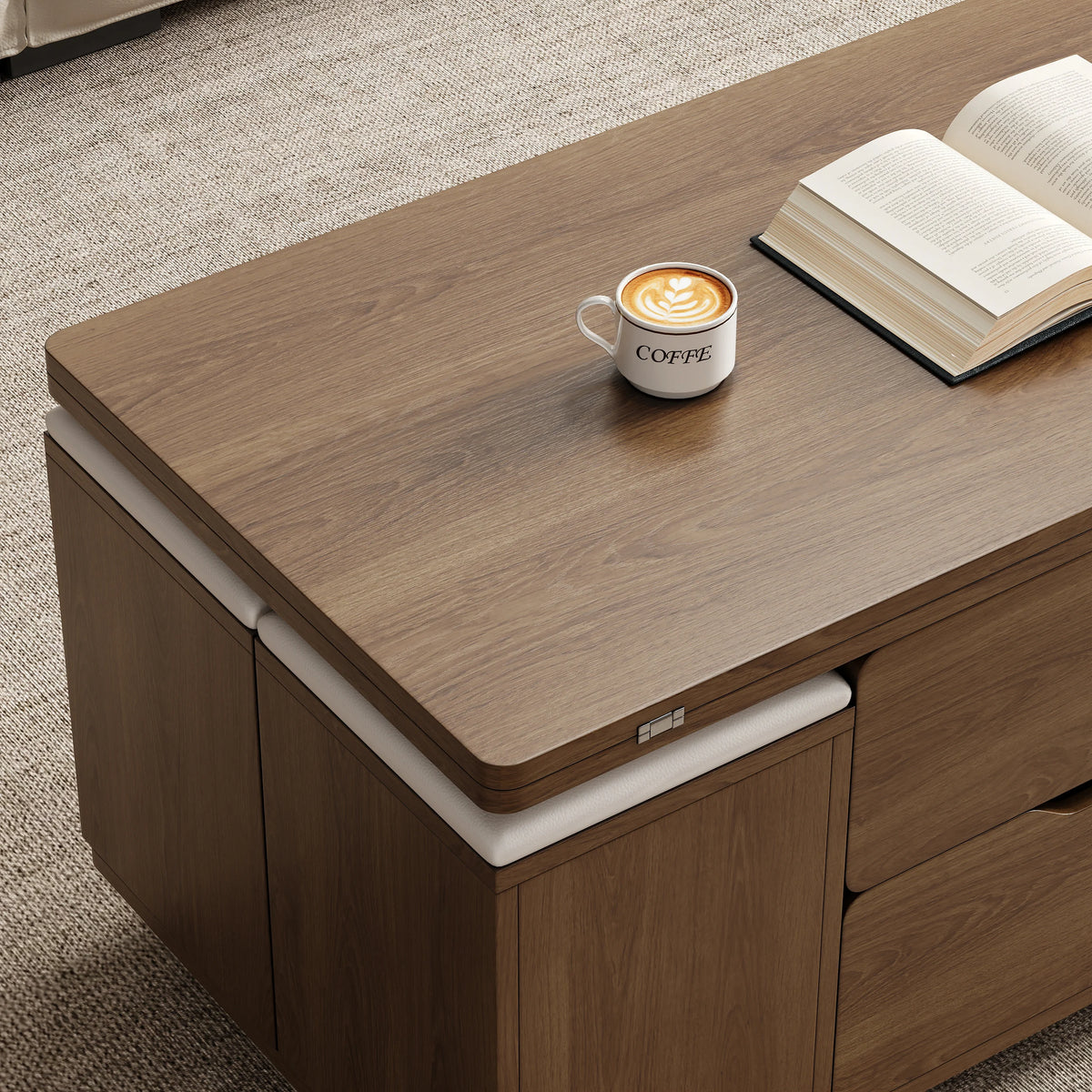 Natural Lift-Top Coffee Table with 4 Stools & Storage