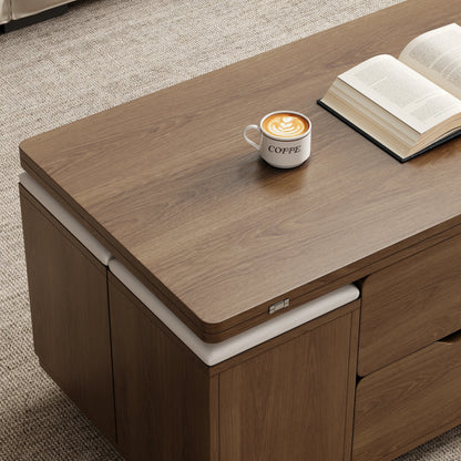 Natural Lift-Top Coffee Table with 4 Stools & Storage