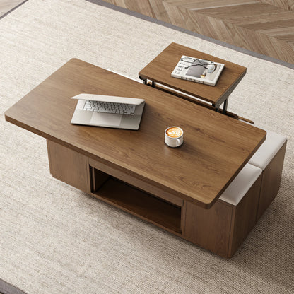 Natural Lift-Top Coffee Table with 4 Stools & Storage