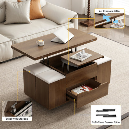 Natural Lift-Top Coffee Table with 4 Stools & Storage