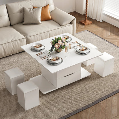 Natural Lift-Top Coffee Table with 4 Stools & Storage