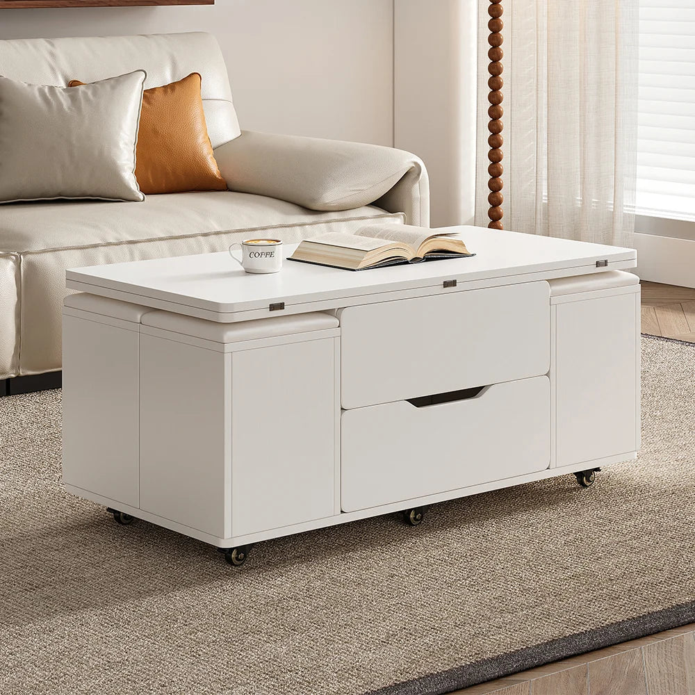 Natural Lift-Top Coffee Table with 4 Stools & Storage