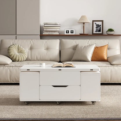 Natural Lift-Top Coffee Table with 4 Stools & Storage