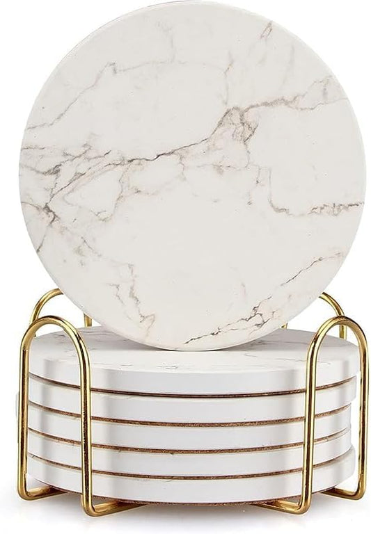 White Marble Ceramic Drink Coaster Set