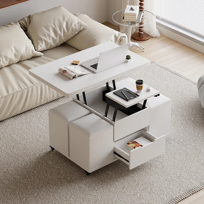 Natural Lift-Top Coffee Table with 4 Stools & Storage