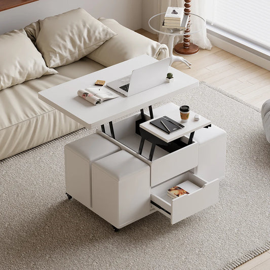 Natural Lift-Top Coffee Table with 4 Stools & Storage