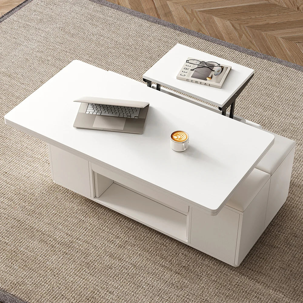 Natural Lift-Top Coffee Table with 4 Stools & Storage
