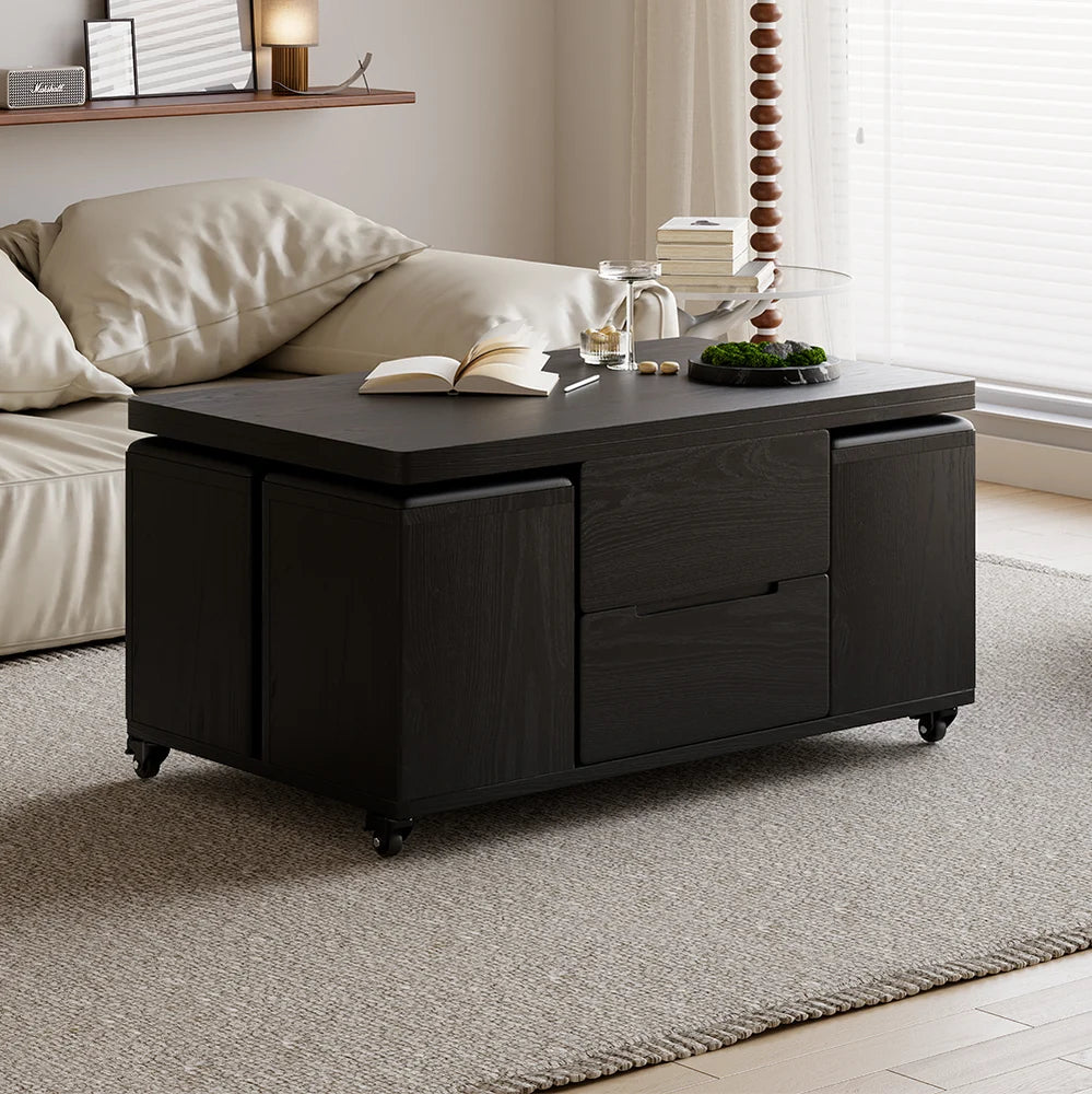 Natural Lift-Top Coffee Table with 4 Stools & Storage