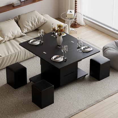 Natural Lift-Top Coffee Table with 4 Stools & Storage